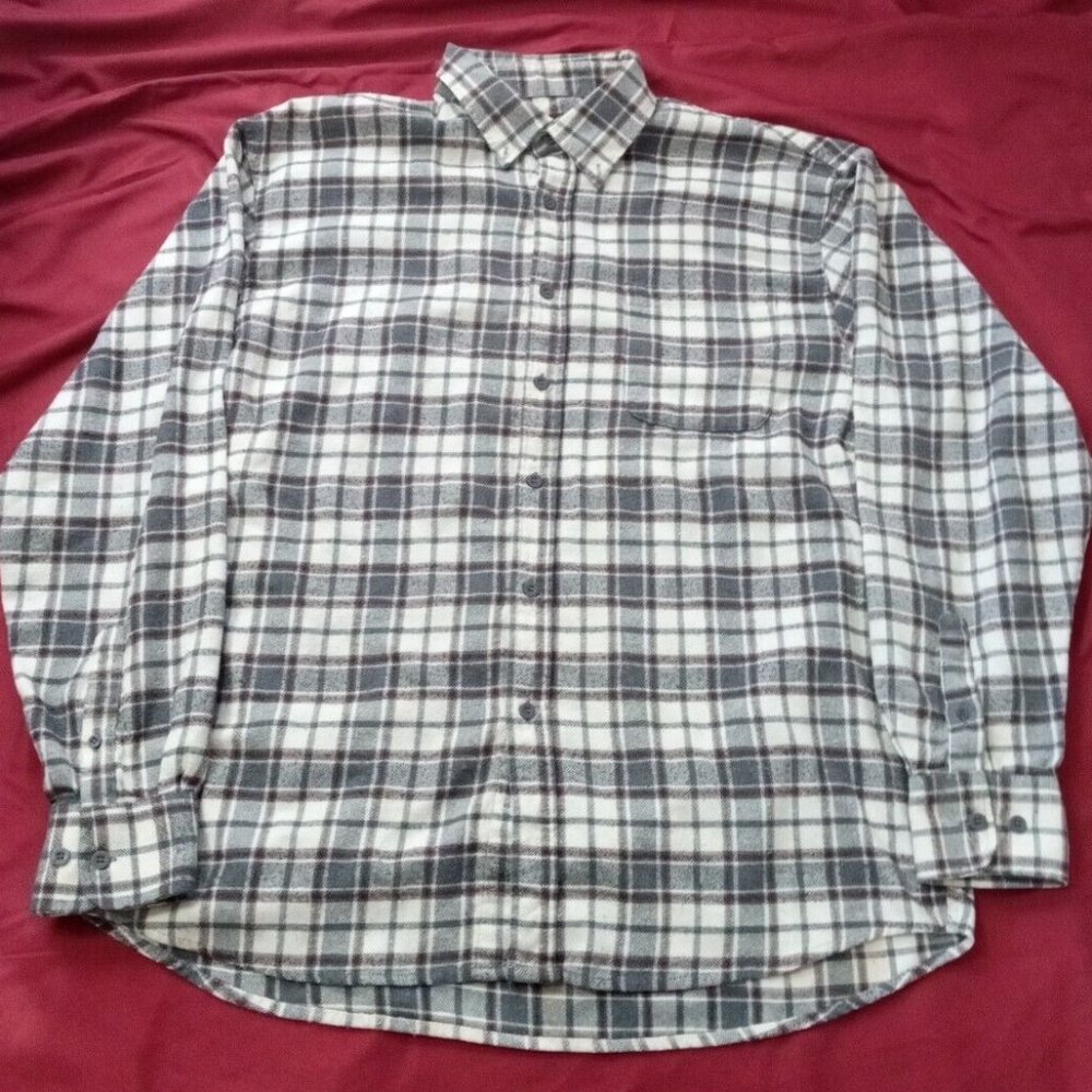 Mountain Ridge Plaid Flannel Button Up Shirt Mens XL Beige Long Sleeve